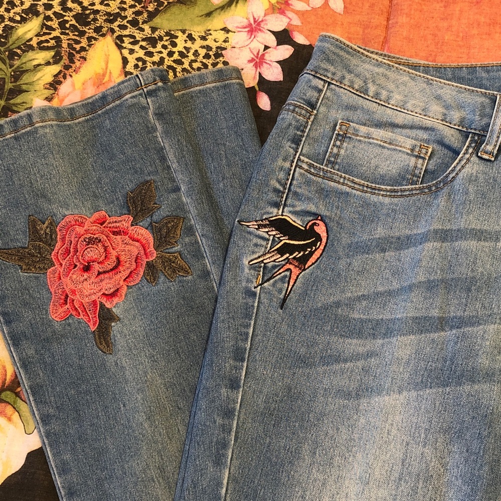 Embroidered Light Blue Women's Jeans with Rose & Bird Patches